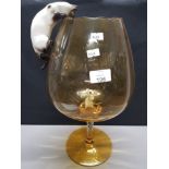 LARGE BRANDY GLASS WITH CAT AND MOUSE ORNAMENTS