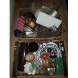 2 BOXES OF MISCELLANEOUS INC OLD POTS AND PANS GLASS POTTERY PORCELAIN ETC