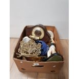 A BOX CONTAINING INC MINI BRASS MINERS LAMP OAK MANTLE CLOCK ETC