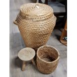 WICKER TWIN HANDLED LIDDED BASKET PLUS 1 MORE BASKET AND TRIPOD STOOL