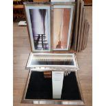 3 CHROME EFFECT FRAMED PRINTS OF LANDSCAPES AND HALL MIRROR