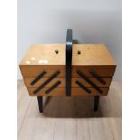 VINTAGE TEAK CANTILEVER SEWING BOX WITH CONTENTS