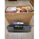 BOX OF GAMES INCLUDING LEGO AND SKATE BOARD