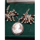 PAIR OF SILVER EARRINGS AND CAMEO PENDANT ON CHAIN