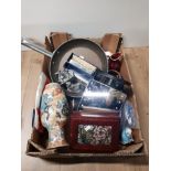 A BOX OF MISCELLANEOUS INC BOXED PEWTER ROONEY BRUSH MYTH AND MAGIC PEWTER ORNAMENTS ETC