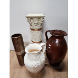 CREAM AND GILT GREEK COLUMN STYLE PLANTER BASE AND 2 MODERN JUGS AND VASE