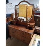 INLAID MAHOGANY 6 DRAWER DRESSING TABLE WITH SHIELD MIRROR AND BRASS CASTORS