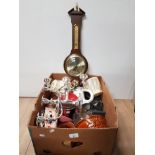 A BOX OF MISCELLANEOUS INC BAROMETER SILVER PLATED CANDELABRAS ETC