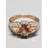 9CT GOLD SMOKEY QUARTZ CITRINE AND DIAMOND RING SIZE K GROSS WEIGHT 1.9G