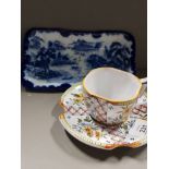 BLUE AND WHITE JAPANESE DISH TOGETHER WITH PORTUGUESE FLORAL PATTERNED CUP AND SAUCER