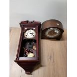 OAK MANTLE CLOCK TOGETHER WITH REPRODUCTION MAHOGANY HIGHLANDS WALL CLOCK WITH KEY AND PENDULUM SAS