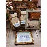 2 GILT FRAMED MIRRORS PLUS 1 OTHER TOGETHER WITH NICELY FRAMED BOAT SCENE PRINT