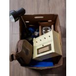 MIXED LOT COMPRISING OF DESK LAMP AND VINTAGE WOODEN BELLOWS PLUS MODERN MANTLE CLOCK AND