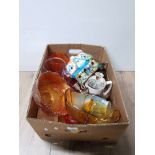 A BOX OF MISCELLANEOUS INC CARNIVAL GLASS ART DECO AMBER GLASS CENTRE BOWL SILVER PLATED CANDLE