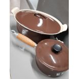 2 PIECES OF VINTAGE BROWN LE CREUSET CASSEROLE POT AND LIDDED SAUCEPAN