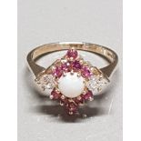 9CT GOLD OPAL CZ AND PINK STONE CLUSTER RING SIZE M GROSS WEIGHT 3G