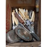 BOX OF WHITE METAL AND SILVER PLATED CUTLERY