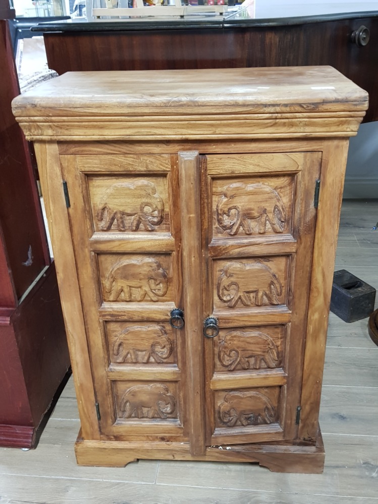 PINE 6 PANEL HALL CABINET WITH ELEPHANT CARVING