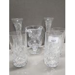 A PAIR OF ROYAL DOULTON CUT CRYSTAL FLUTE VASES AND OTHER CUT CRYSTAL ITEMS SUCH AS DRINKING GLASSES