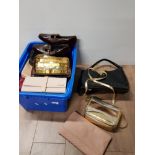 A BOX CONTAINING WOMANS BAGS SHOES PURSES ETC