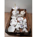 A BOX OF MISCELLANEOUS CHINA INC TUSCAN CAKE STAND ETC