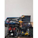 A LARGE LOT OF TOOLS INC BOXED DRILLS AND A BOX OF ASSORTED TOOLS