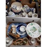 2 BOXES OF MISCELLANEOUS INC RINGTONS OLD WILLOW BLUE AND WHITE ETC