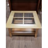 LARGE BEECH 2 TIER COFFEE TABLE WITH GLASS TOP