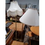 BRASS EFFECT STANDARD LAMP WITH CREAM FRINGED SHADE AND UPLIGHTER