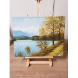OIL ON CANVAS PAINTING OF A LAKE SCENE SIGNED E HURST