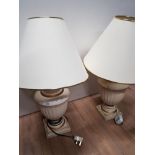 PAIR OF MODERN CREAM AND GILT TABLE LAMPS AND SHADE