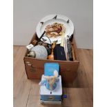 BOX OF MISCELLANEOUS INC DESK LAMP BAMBOO LETTER RACK PHEASANT MEAT PLATE MALING DISH ETC