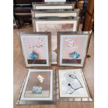 7 LARGE MODERN PRINTS MAINLY OF STILL LIFE ALL IN MATCHING CHROME EFFECT FRAMES