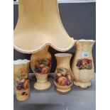 4 PIECES OF AYNSLEY ORCHARD GOLD FINE BONE CHINA INCLUDES 3 VASES AND MATCHING TABLE LAMP