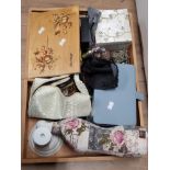 WOODEN TRAY CONTAINING MISCELLANEOUS COSTUME JEWELLERY AND MINATURE DRESS MAKERS DUMMY