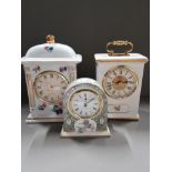 DOME SHAPED WEDGWOOD CLOCK AND TWO DECORATIVE PORCELAIN CLOCKS