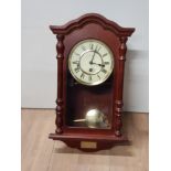 MAHOGANY REPRODUCTION H SAMUEL WALL HANGING CLOCK WITH KEY AND PENDULUM