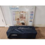 LINDAM BABY GATE STILL BOXED TOGETHER WITH MAMAS AND PAPAS TRAVEL COT