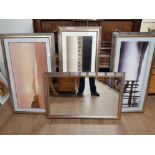 3 CHROME EFFECT FRAMED PRINTS OF LANDSCAPES TOGETHER WITH MATCHING FRAMED HALL MIRROR