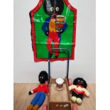 2 GOLLY SOFT TOYS TOGETHER WITH GOLLY APRON AND MUG AND A VINTAGE BABY WALKER