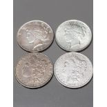 4 USA SILVER DOLLAR COINS DATED 1889 1897 1922 AND 1923