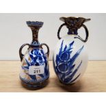 2 NICELY DECORATED ROYAL DOULTON TWIN HANDLED BLUE AND WHITE VASES