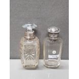 CUT GLASS DRESSER BOTTLE SILVER HALLMARKED TOP TOGETHER WITH PERFUME BOTTLE HALLMARKED COLLAR