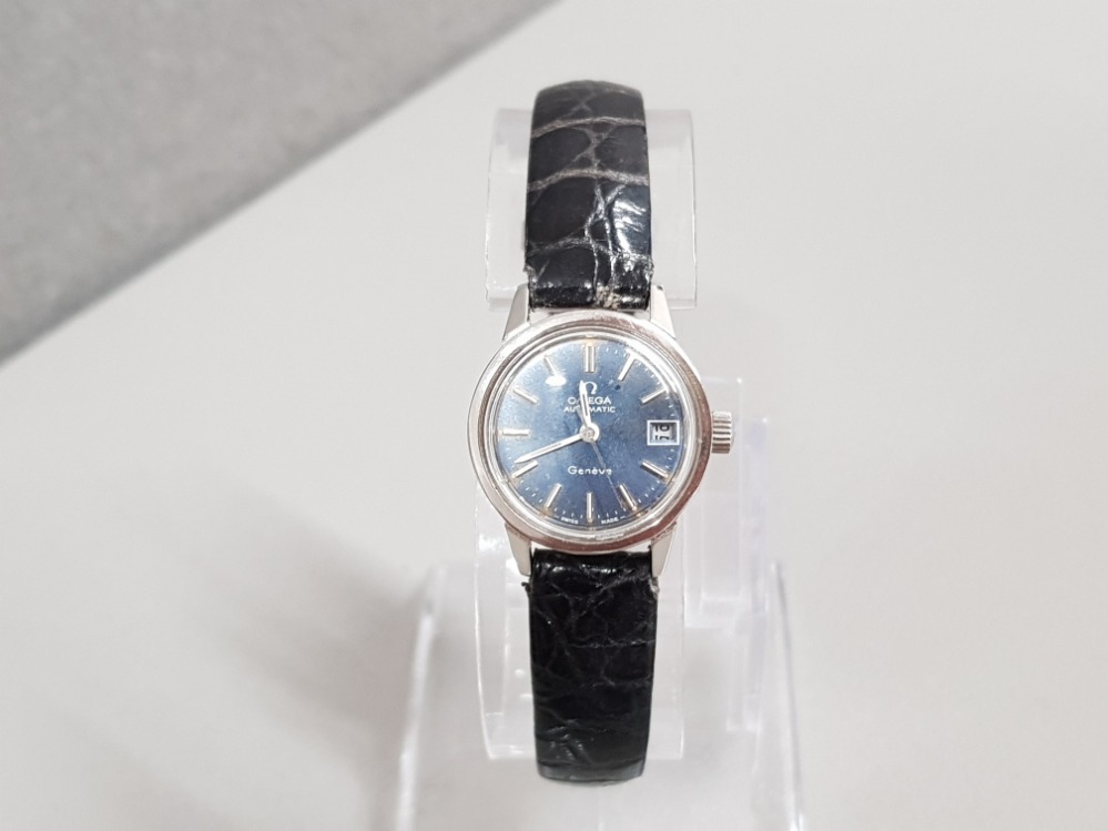 OMEGA GENEVE AUTOMATIC BLUE DIAL WATCH BLACK LEATHER