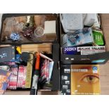 3 BOXES OF MISCELLANEOUS ITEMS DVDS, PHONES AND MIXED CERAMIC AND GLASS WARE