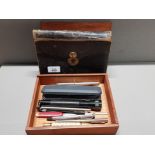 QUANTITY OF PENS INCLUDING PARKER PLUS LEATHER SPIERS AND SONS HOLDER