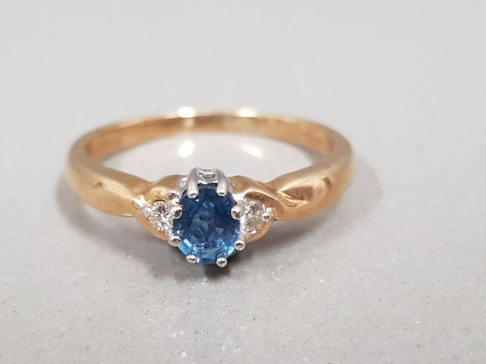 9CT GOLD BLUE STONE & DIAMOND RING 2.1G SIZE R