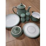 8 PIECES OF DENBY WARE IN GREEN INCLUDES TEAPOT AND SALT AND PEPPER SHAKERS