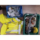 2 BOXES OF MISCELLANEOUS HAND TOOLS AND FITTINGS ALSO INCLUDES HI VIS COAT SIZE XL