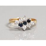 18CT GOLD DIAMOND AND SAPPHIRE 3 ROW RING 2.6G SIZE K